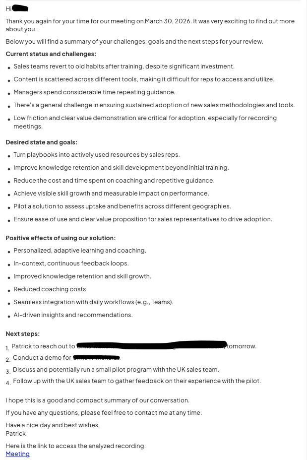 Follow-up email written from a prompt: a generic summary of challenges, goals and next steps