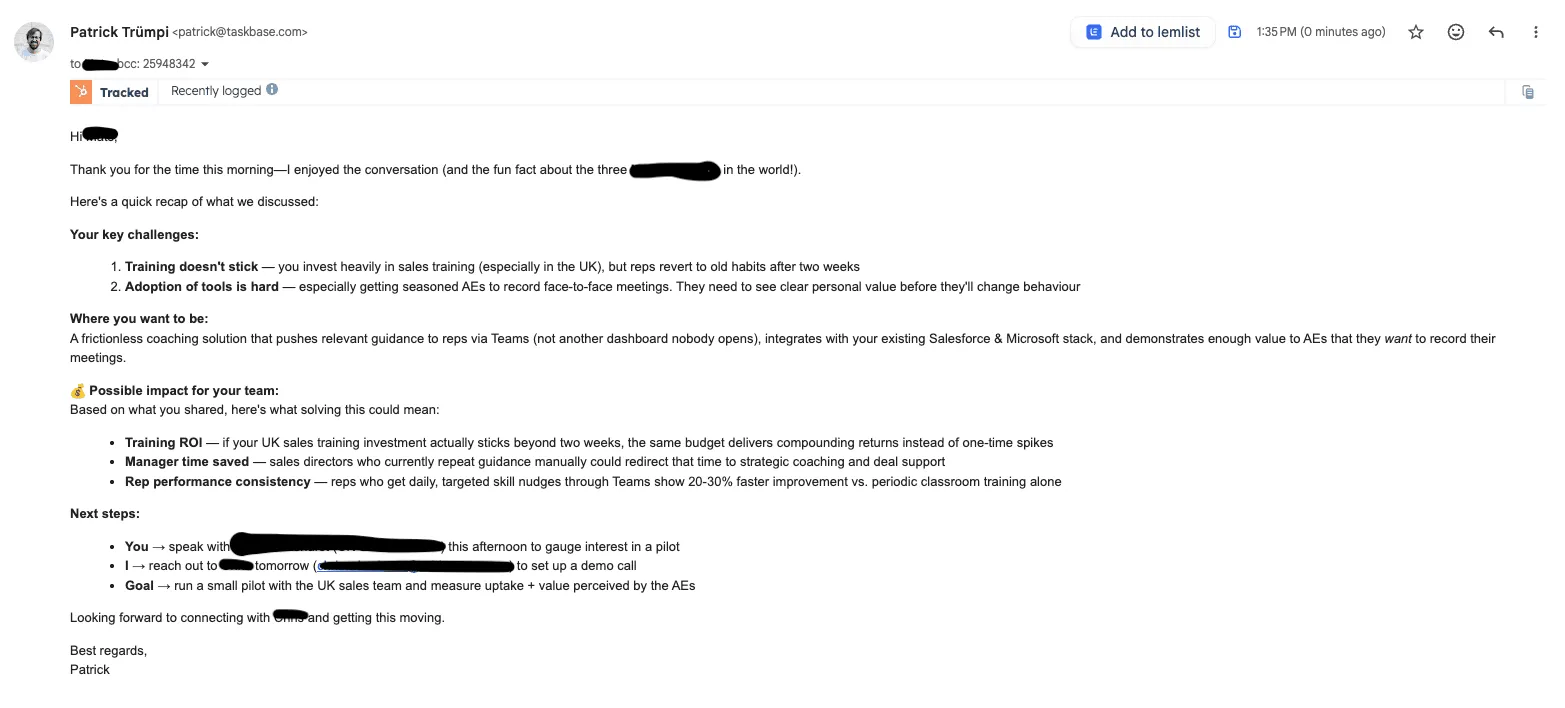 Follow-up email drafted by the AI sales coach in the rep's own tone and structure