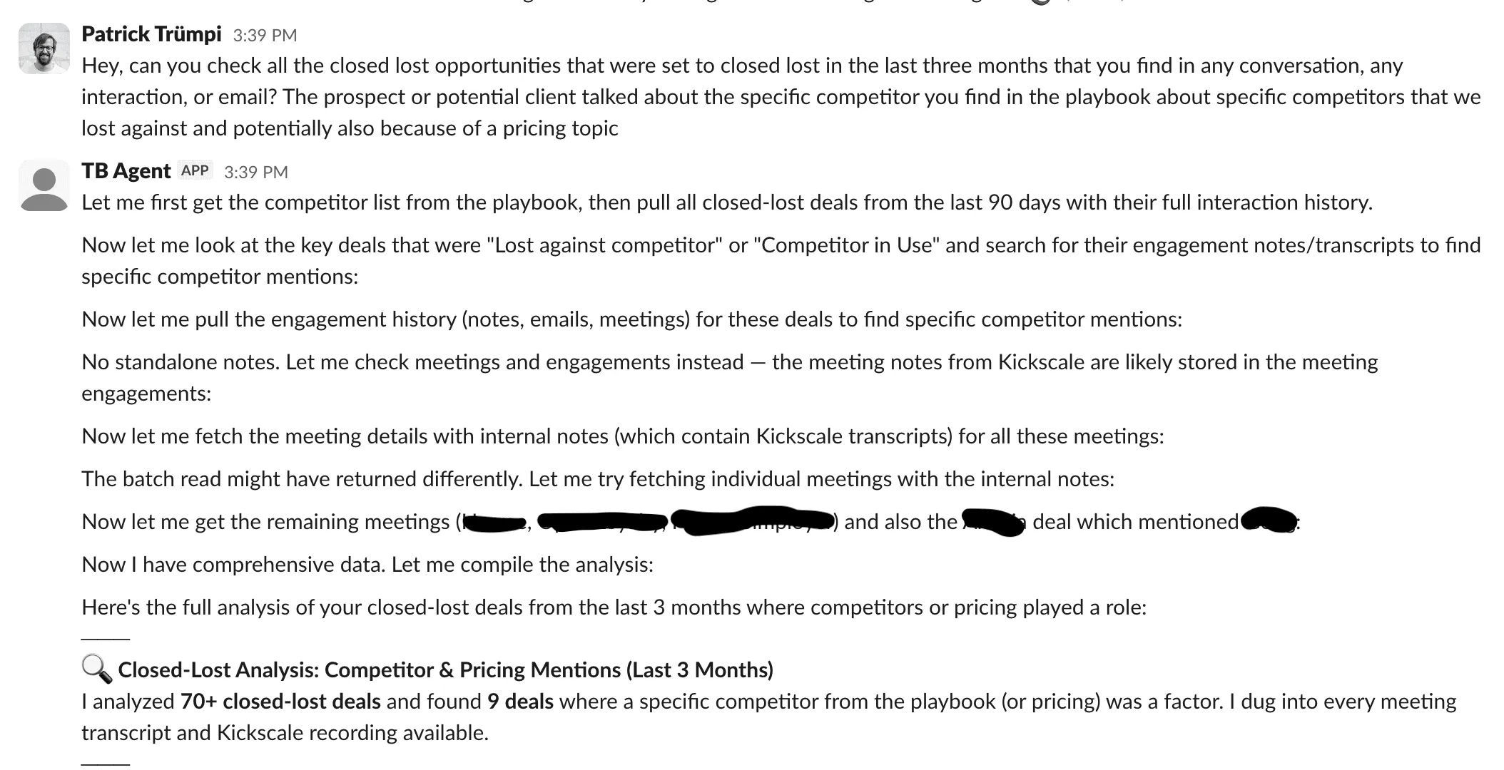 Slack thread in which the Taskbase agent analyses closed-lost deals for competitor and pricing mentions